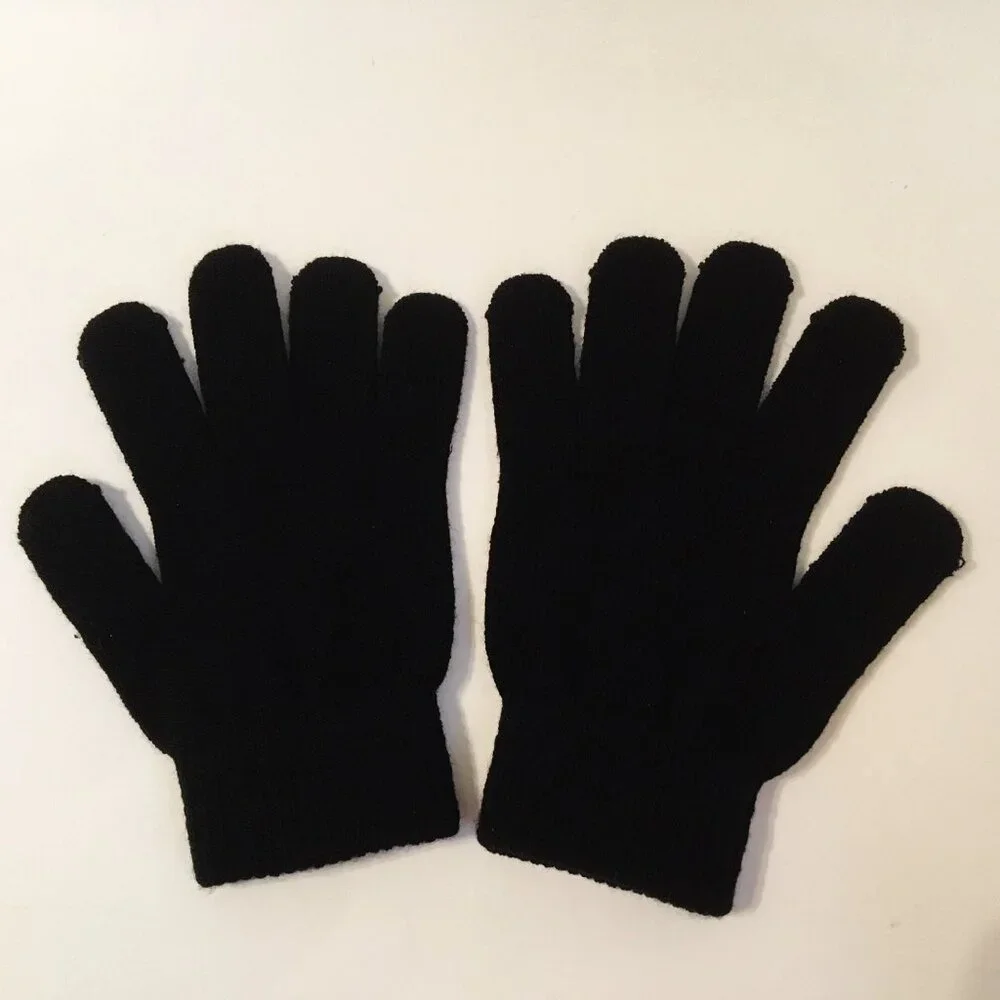Black White Kids Gloves 2 Pair Boys Girls Children Unisex Knitted Stretch